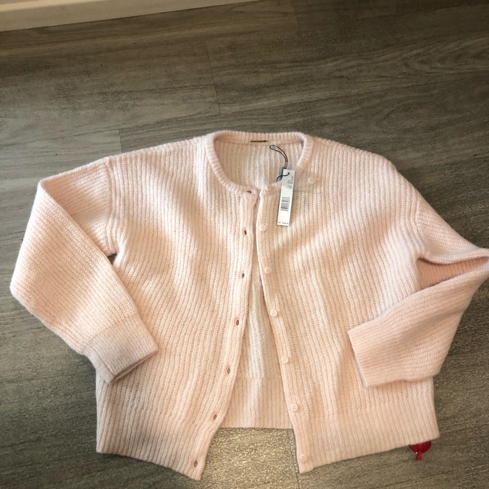 New ELIE TAHARI Pink Wool Blend Long Sleeve Ribbed Easy Button Down Cardigan M